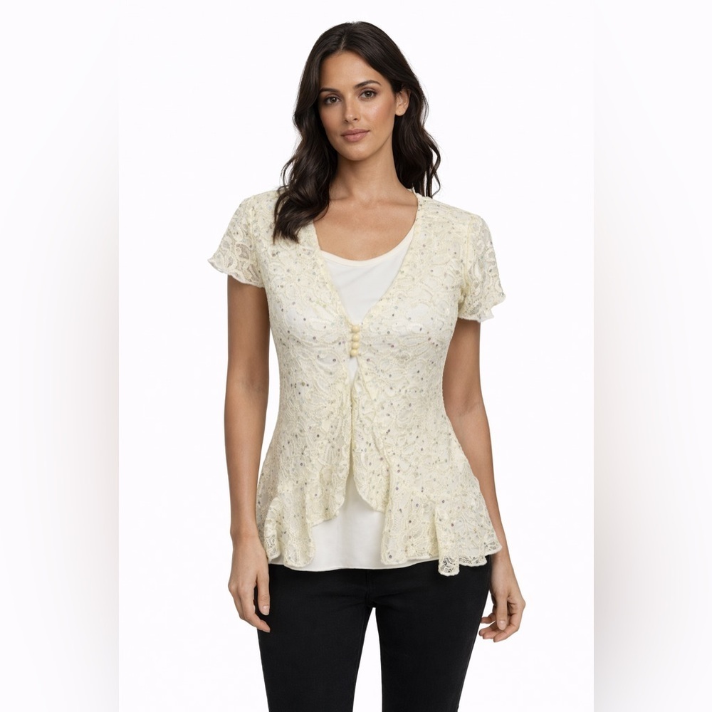 New Directions Women’s Ivory Sequins Top Size PS Short Cap Sleeve
